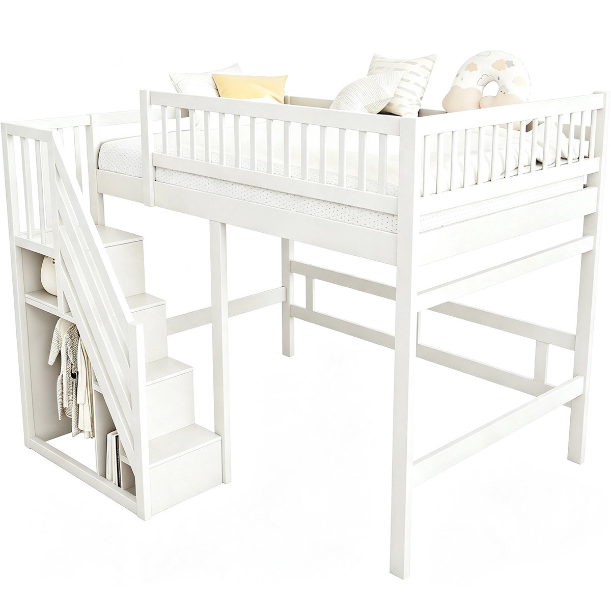 Wishdor Hoogslaper 140x200 cm - Met trapopbergruimte - Hoge valbeveiliging - Met lattenbodem - Wit houten kinderbed voor kinderkamer en jeugdkamer