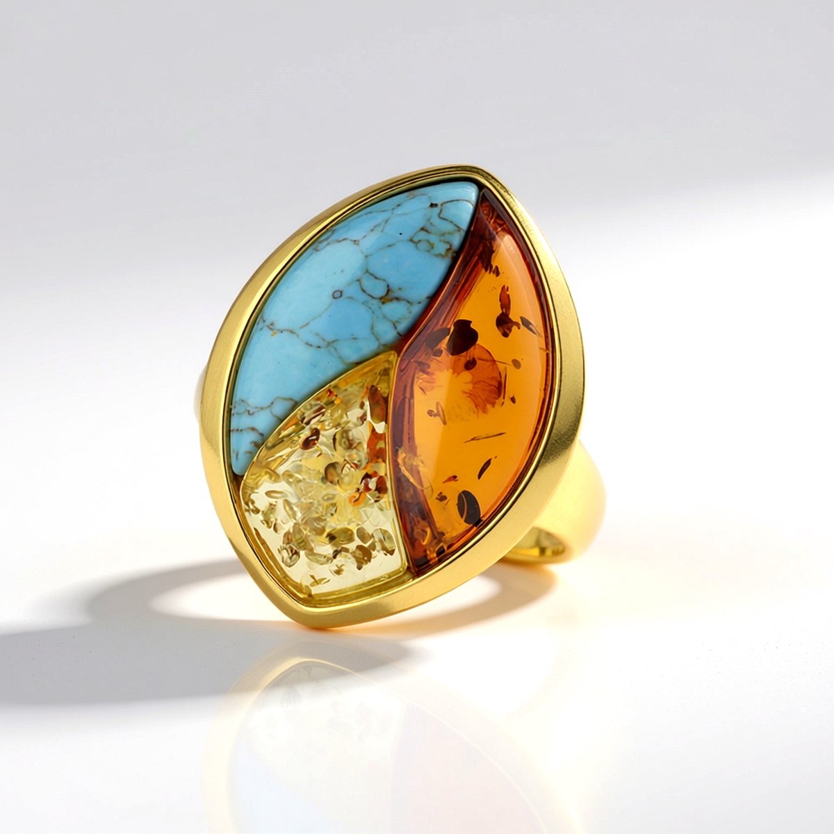 Cavill - Elegante Damesring 925 Zilver - 18K Goud Verguld - Baltische Cognac Barnsteen 1.42 ct, Turkoois 3 ct & Citroen Barnsteen 1 ct