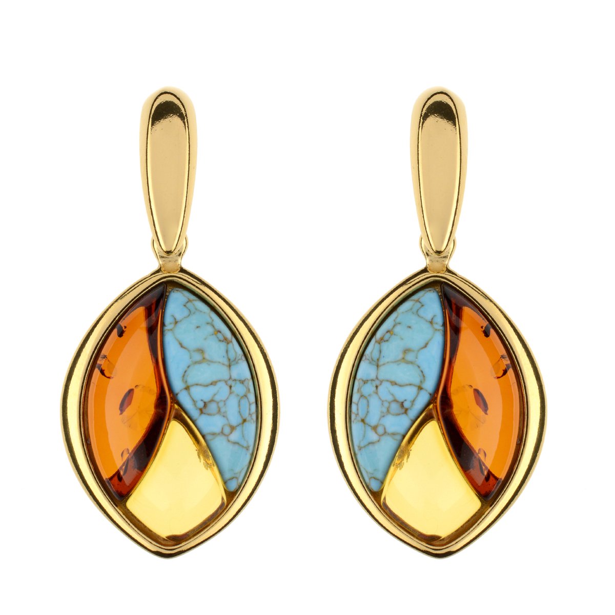 Cavill - Zilveren Oorbellen - 925 Sterling Zilver Verguld - Turkoois 3 ct & Cognac & Citroen Baltische Barnsteen Fancy Cabochon - Stijlvol & Elegant