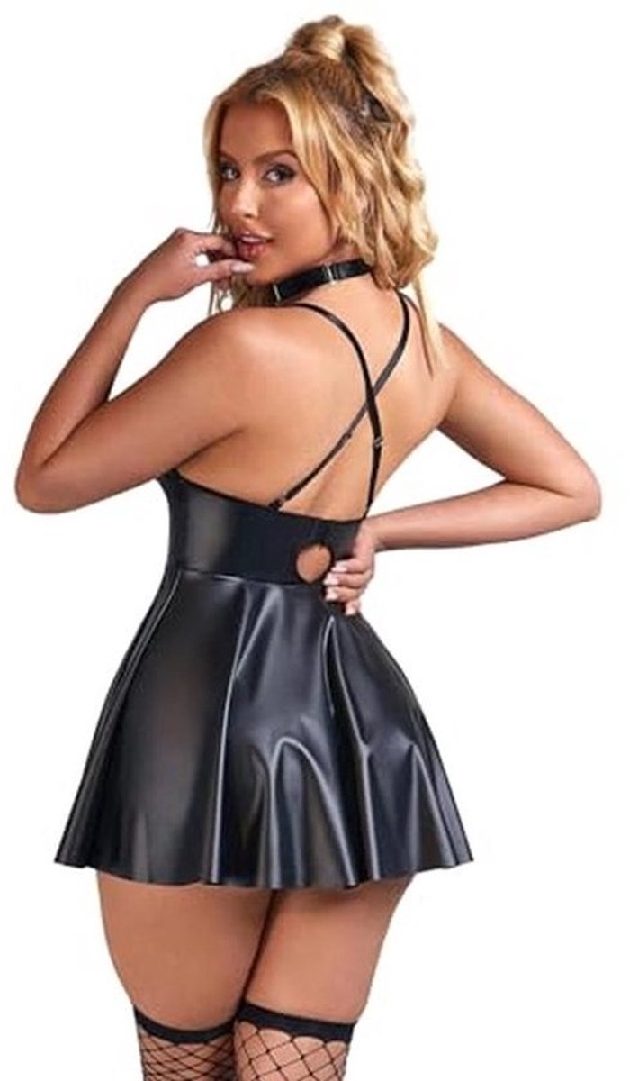 Leren jurk dames, sexy ondergoed, kurven, A-lijn, V-hals, grote maten, partyjurk, clubwear