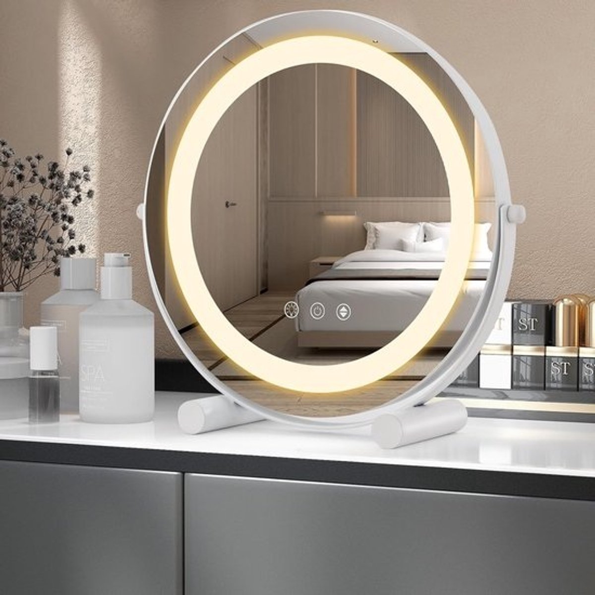 Verlichte Make-upspiegel met 3 Lichtkleuren en Draaibaar Ontwerp - Ideaal voor Badkamer of Reizen