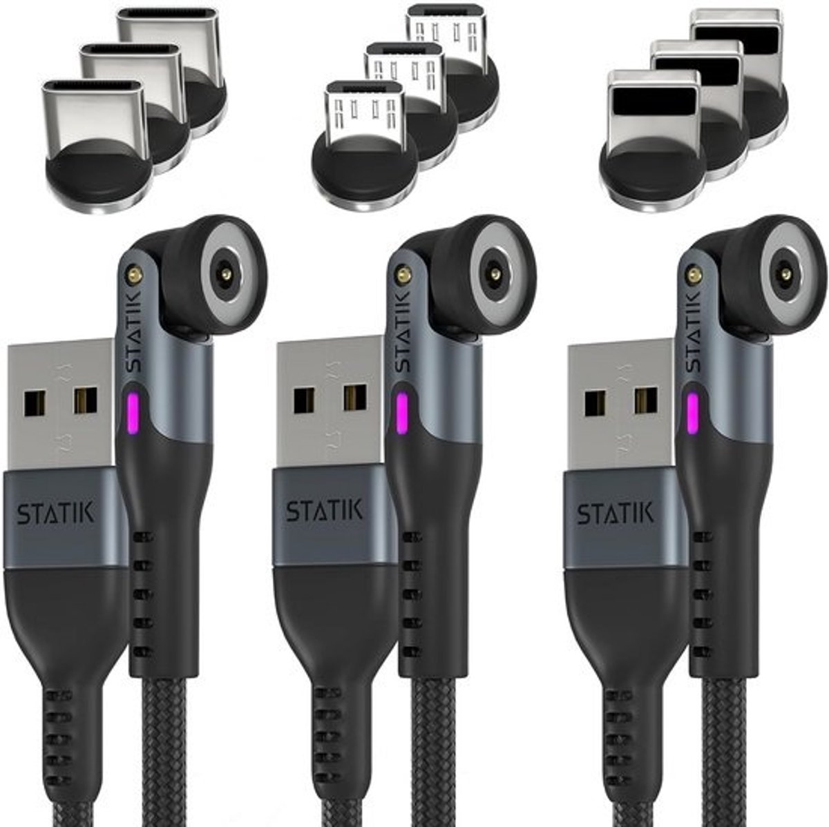 3-in-1 Magnetische Oplaadkabelset (3 Stuks) - USB-C, Micro-USB & USB A - Roterend & Snel Opladen