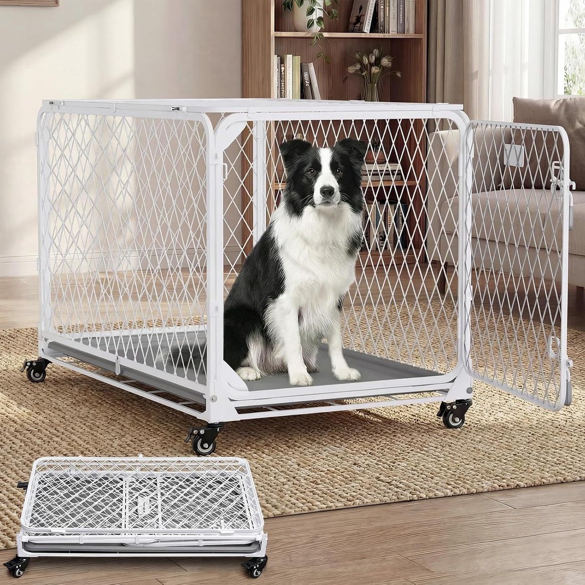 Honden Bench - Hondenkooi - Veilig Vervoer - Inklapbaar Diamond Mesh - 92 cm - Wit