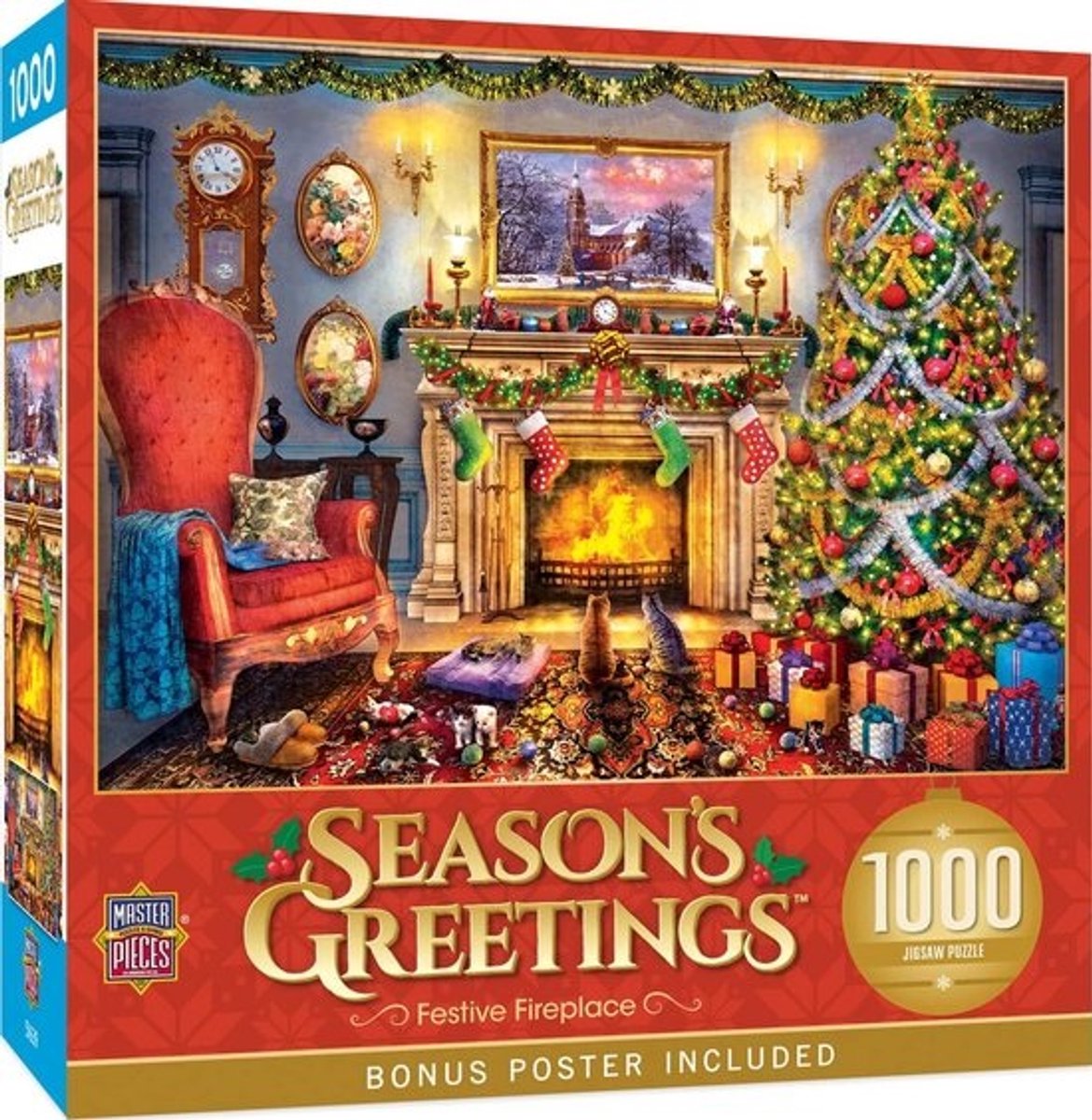 Kerstpuzzel 1000 stukjes: Gezellige Open Haard met Huisdieren en Cadeaus