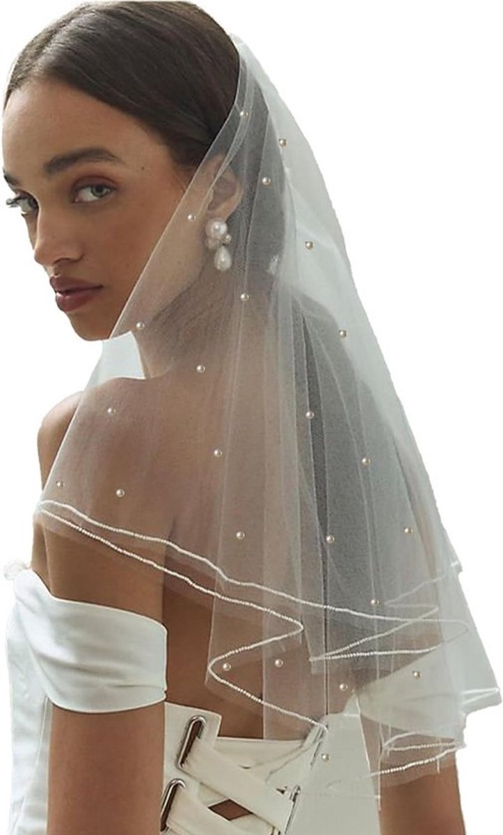 Elegante witte korte sluier met parel en strass voor bruid of feest