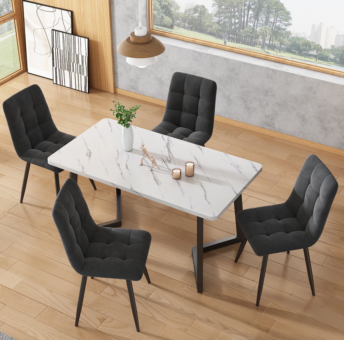 Wishdor Eetkamerstoel set van 4 - Gepolsterde designstoelen - Metalen onderstel - Hoge rugleuning - Donkergrijs - 44 x 41 x 86 cm
