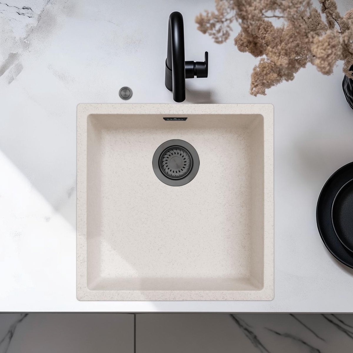 Spoelbak 40x40 cm zand wit onderbouw en opbouw Pure.Sink