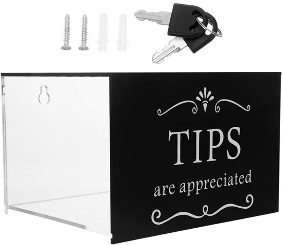 Transparante Lockable Tip Box - Donatie Geldverzamelcontainer - Restaurants Bars Fondsenwerving - Acryl met Sleutel - 15x12.5x10 cm - Zwart