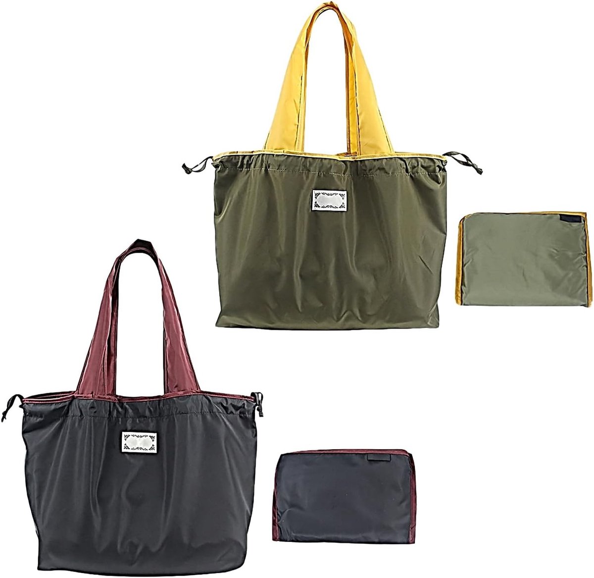 Set van 2 Grote Vouwbare en Draagbare Winkeltassen met Trekkoord, Herbruikbaar en Waterdicht voor Boodschappen, Sport en Reizen, Zwart en Legergroen, 44 x 42 cm