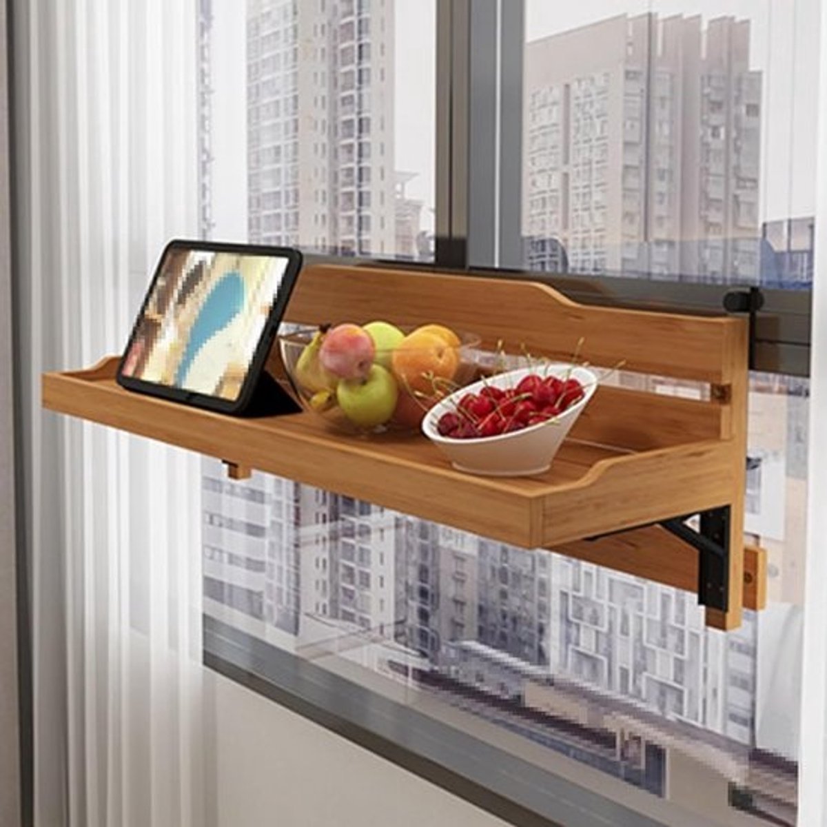 Opklapbare Balkontafel - Hangende Hout Tafel - Kleine Ruimtes - Installatie Zonder Boren - 120cm Breed - Beige
