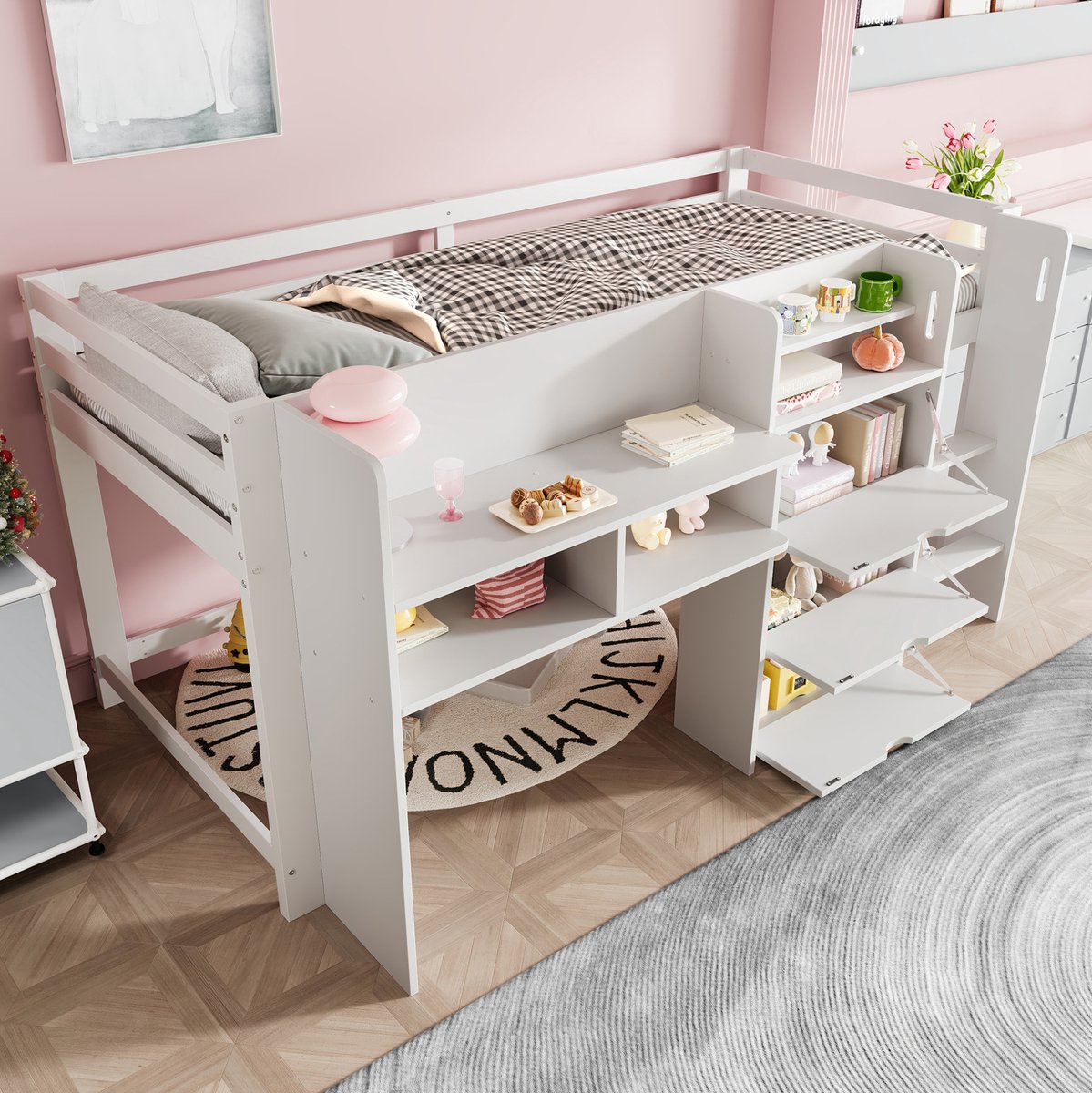 REDOM - Halfhoogslaper - Huisvorm met opbergruimte en open vakken - Met ladder en veiligheidshekje - Kinderkamer - Hout en MDF - Wit - 205 x 124,5 x 101 cm