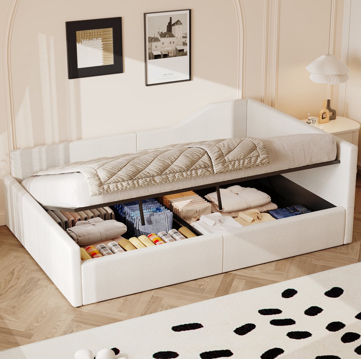 REDOM - Bedbank met opbergruimte - Gestoffeerd met lattenbodem - Moderne stijl - Slaapkamer en logeerkamer - MDF en hout - Beige - 140 x 200 cm