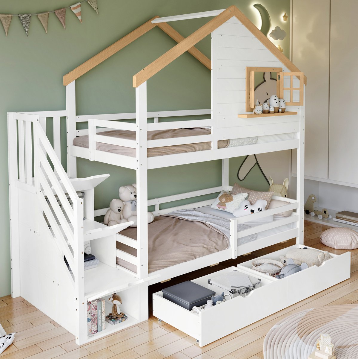 REDOM - Stapelbed kinderbed - Huisvorm met openingraam - Opbergladder en onderbedladen - Hout en MDF - Kinderkamer - Wit en Naturel - 90 x 200 cm