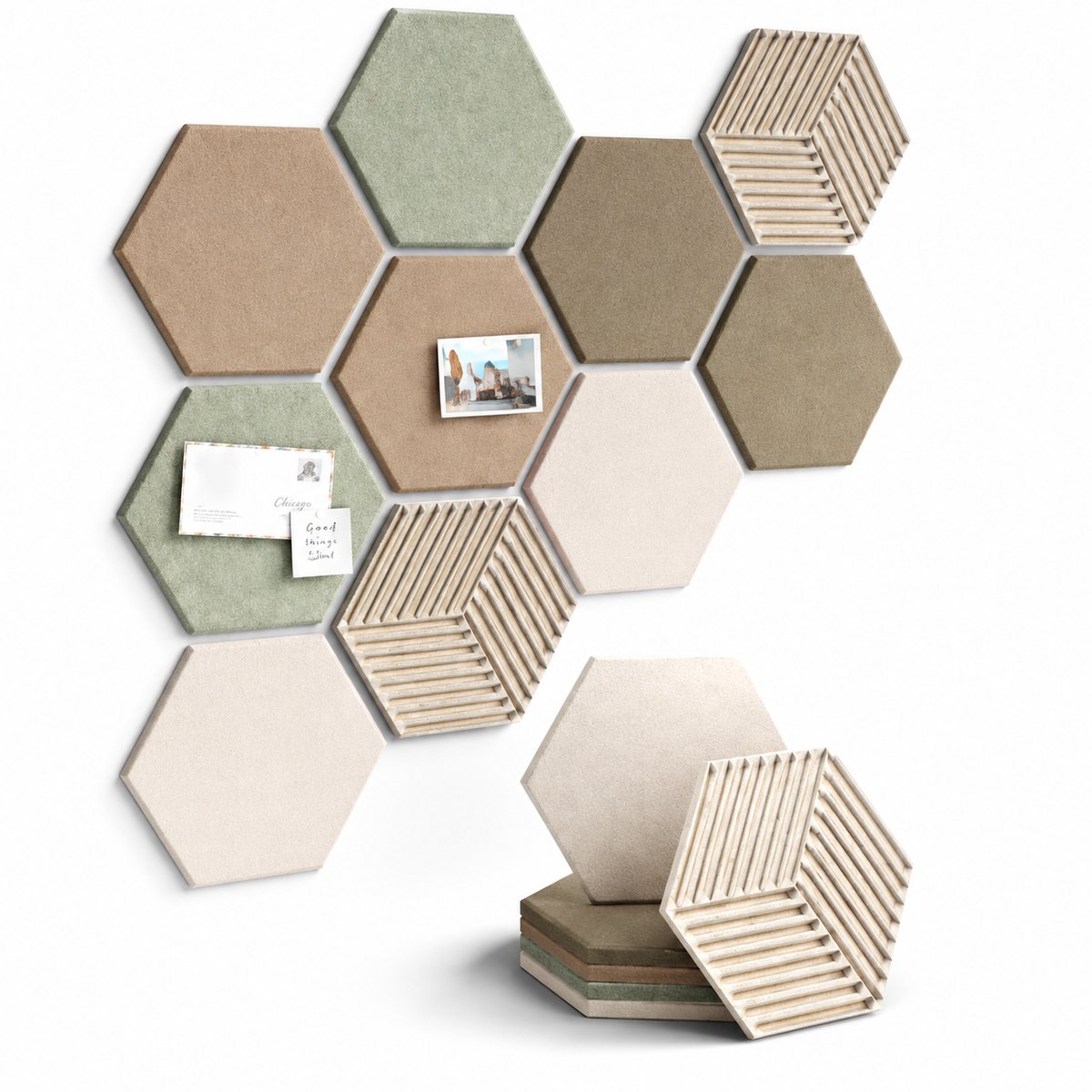 YYchan vilten berichtenbord — zeshoekig bord — Inclusief 50 gekleurde punaises — 30 * 26 cm * 10 stuks — Groen thema
