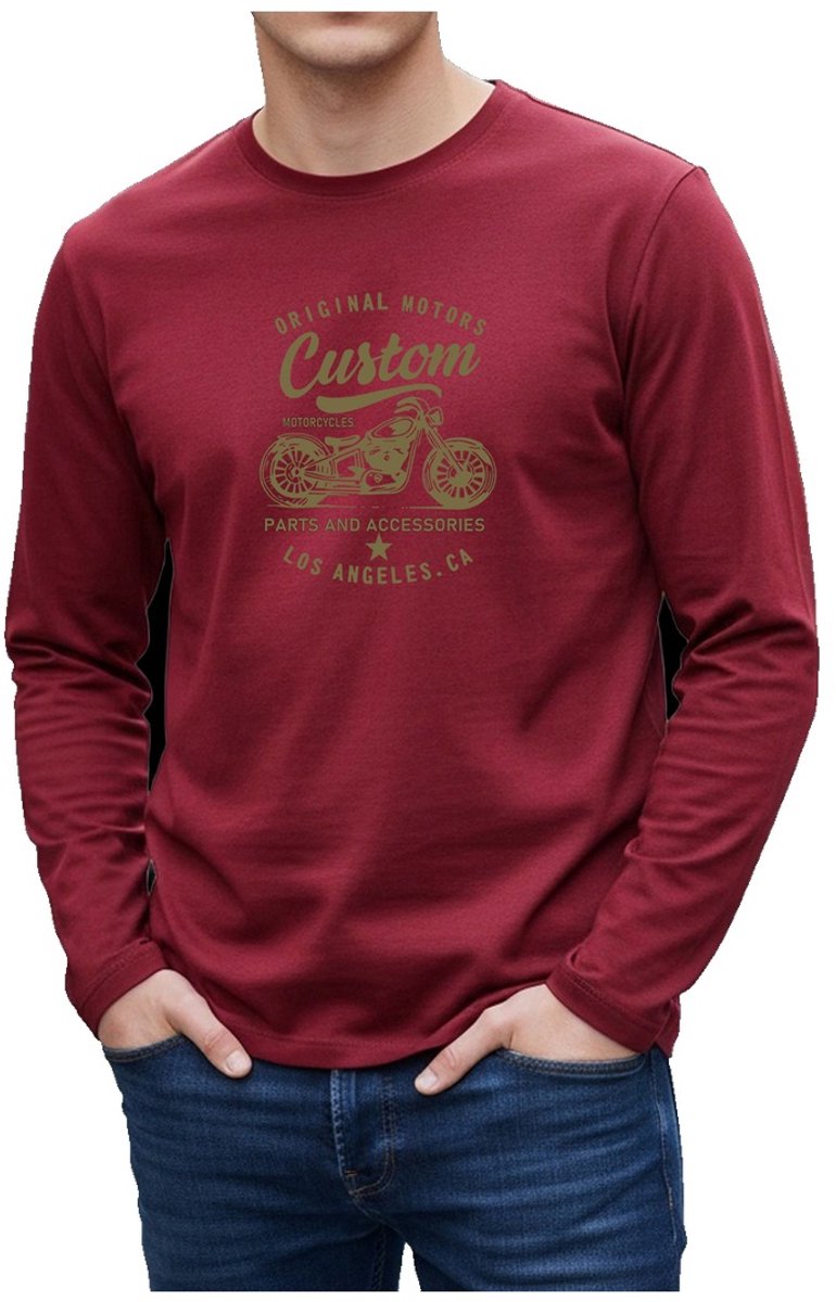 Currero Longsleeve Heren Oversized Lange Mouwen Shirt Roundneck Mannen Kleding T-Shirt Bordeauxrood
