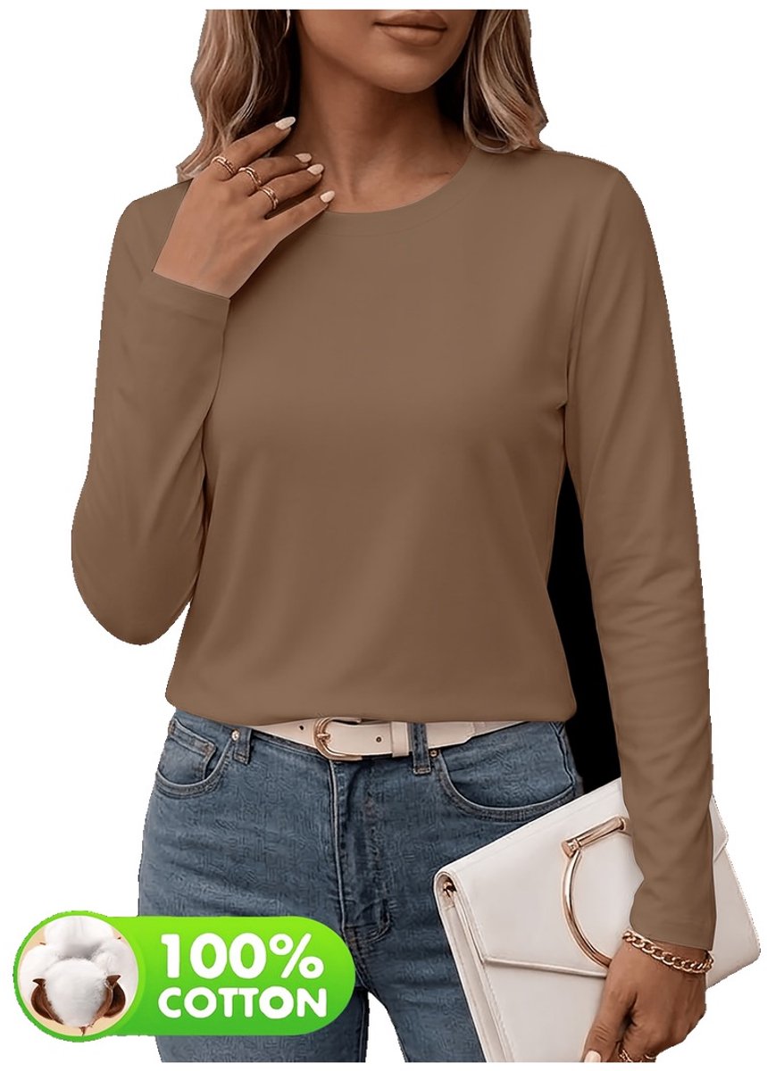 Currero Longsleeve Dames Oversized Lange Mouwen Shirt Roundneck Vrouwen Kleding T-Shirt Roest