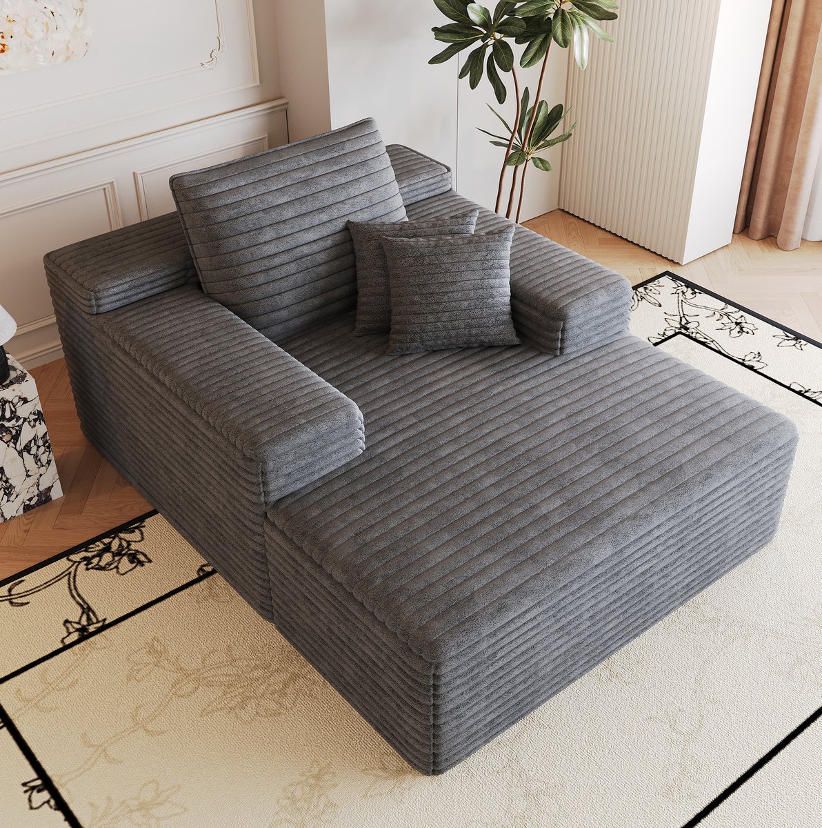 COVREO Chaise longue 159x115x83 cm donkergrijs - ribstof - 1-zits met diepe zit en zonder montage