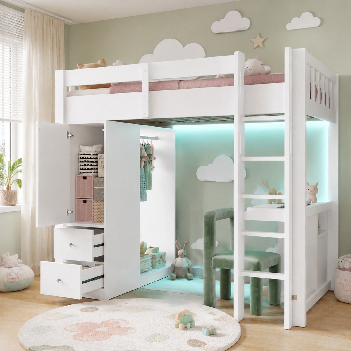 REDOM - Hoogslaper - Met ingebouwd bureau en opbergruimte - 4 lades en open kledingkast - LED-verlichting en USB - Kinderkamer - Hout en MDF - Wit - 90 x 200 cm