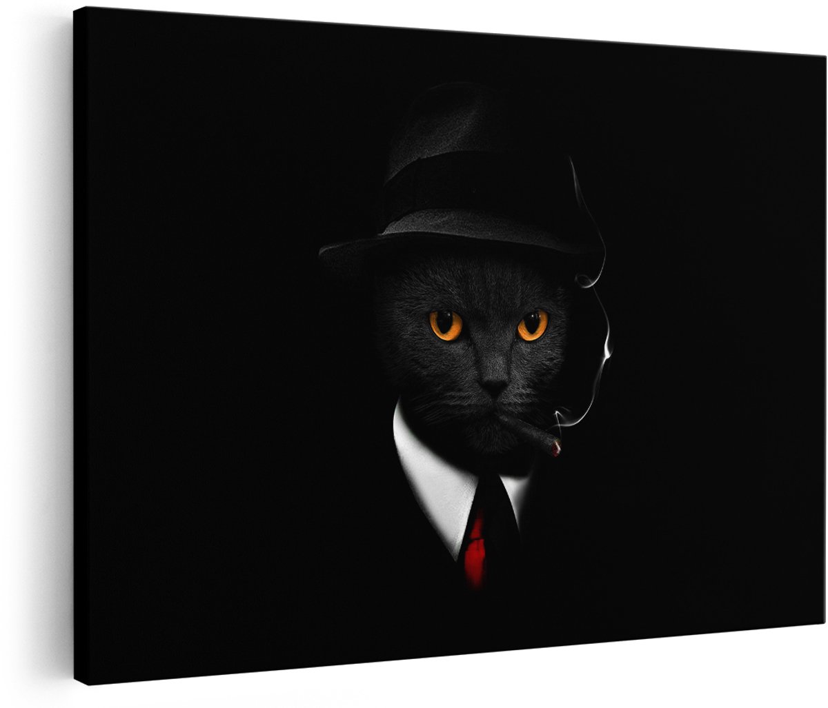 Artaza Canvas Schilderij Kat - 150x100 cm - Groot - Wanddecoratie Gangster - Muurdecoratie Maffia Schilderij - Decoratie Dieren - Zwart