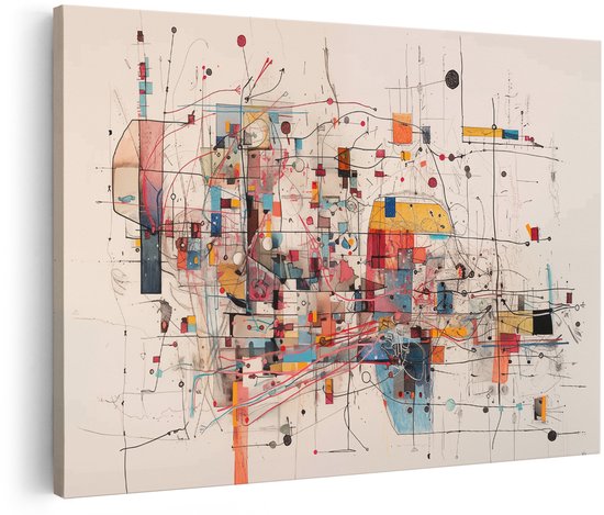 Peinture abstraite avec des formes géométriques et des lignes dans des tons rouge, bleu, jaune et orange sur fond blanc.