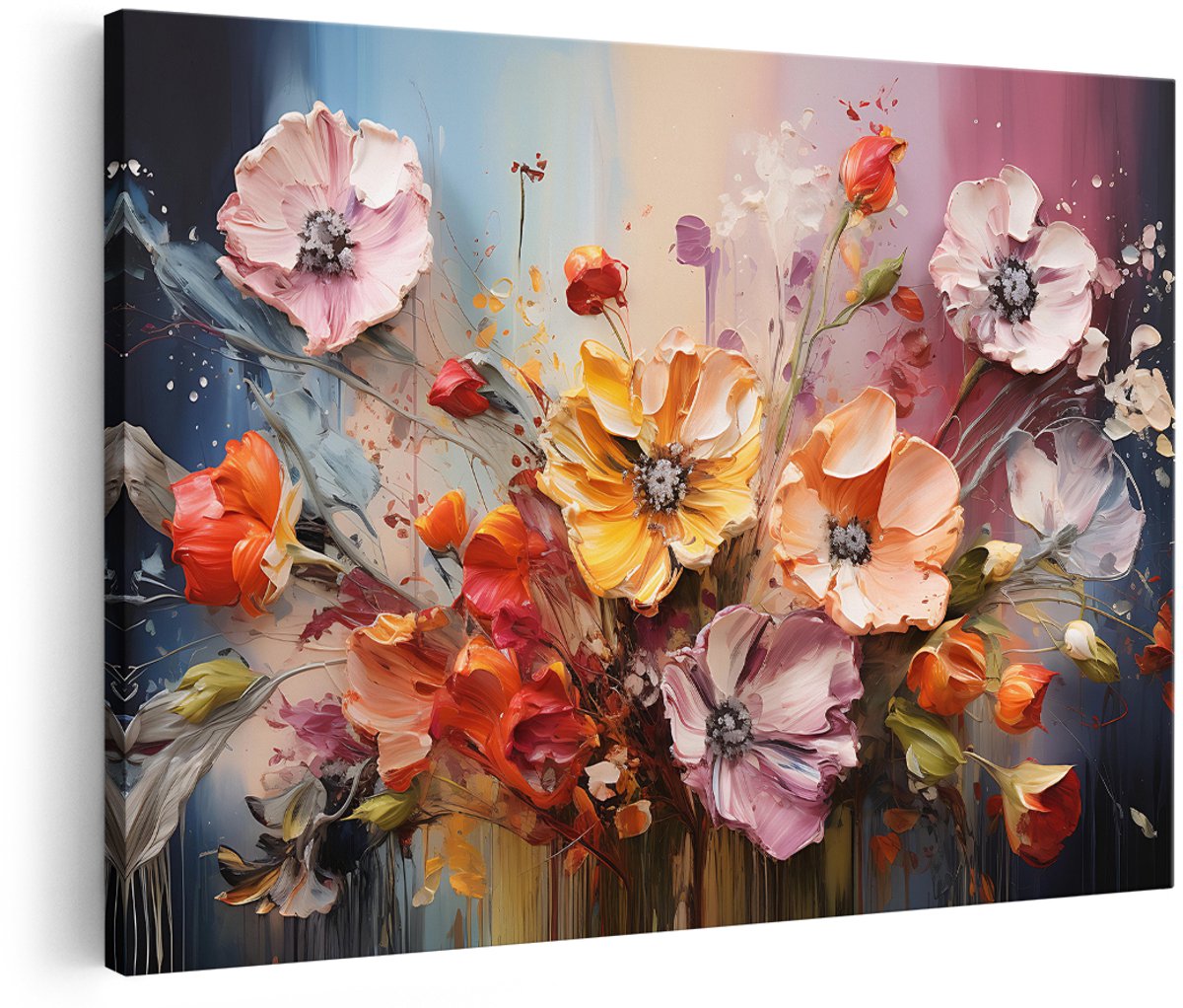 Artaza Canvas Schilderij Boeket Bloemen in Kleur - 150x100 cm - Groot - Wanddecoratie Woonkamer - Schilderijen - Muurdecoratie