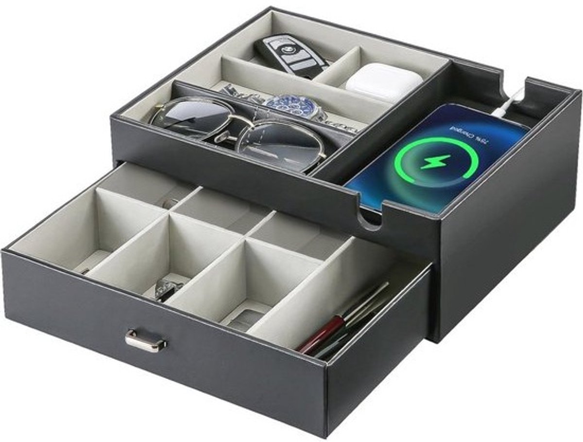 Dubbele Laag Bureau Organizer PU Leer Met 2 Niveaus - Faux Leer Opbergbak Voor Telefoon, Horloge, Sleutels, Portemonnee - Zwart