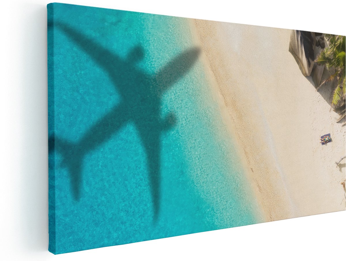 Artaza Canvas Schilderij Silhouet Van Een Vliegtuig Op Het Strand - 140x70 cm - Groot - Wanddecoratie Woonkamer - Schilderijen - Muurdecoratie
