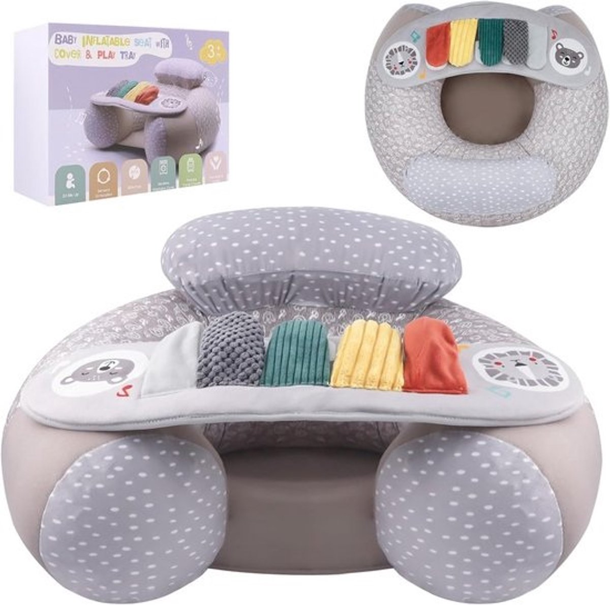 Opblaasbare Babystoel met Activiteitendienblad voor Baby's 3-36 Maanden - Vloerzitje met Piano en Sensorische Speelplank - Draagbaar en Comfortabel Zitje voor Jonge Kinderen