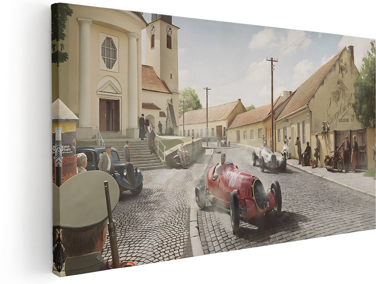Artaza Canvas Schilderij Auto - 140x70 cm - Groot - Wanddecoratie Vintage Race - Muurdecoratie Brocante - Kamer Accessoires Retro Dorp - Rood
