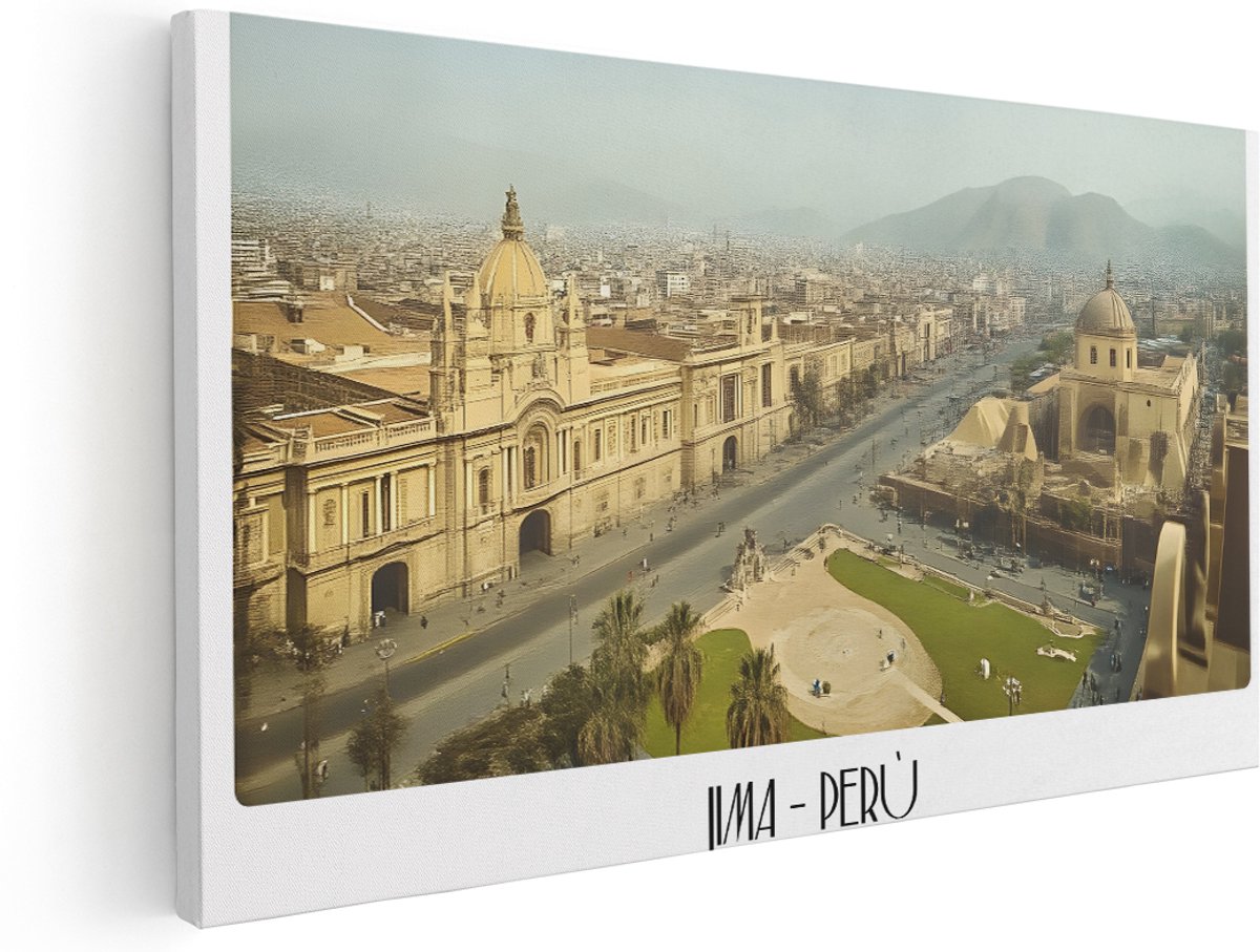 Artaza Canvas Schilderij Skyline Lima - 140x70 cm - Groot - Wanddecoratie Peru - Muurdecoratie Architectuur - Decoratie Landschap - Kamer Accessoires