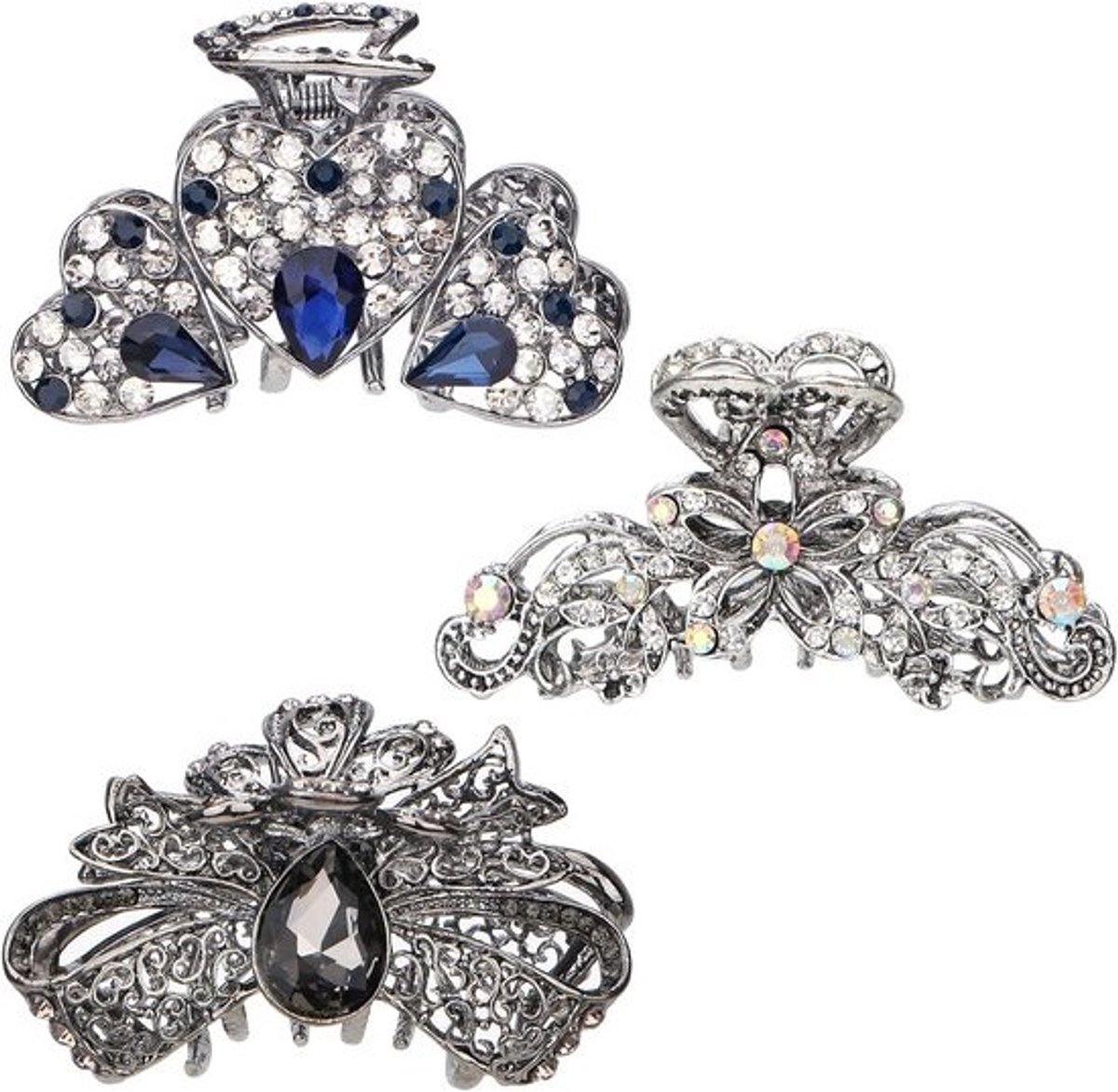Set van 3 Grote Strass Kristal Haarclips voor Dik Haar - Stevige Metalen Klauwspeld