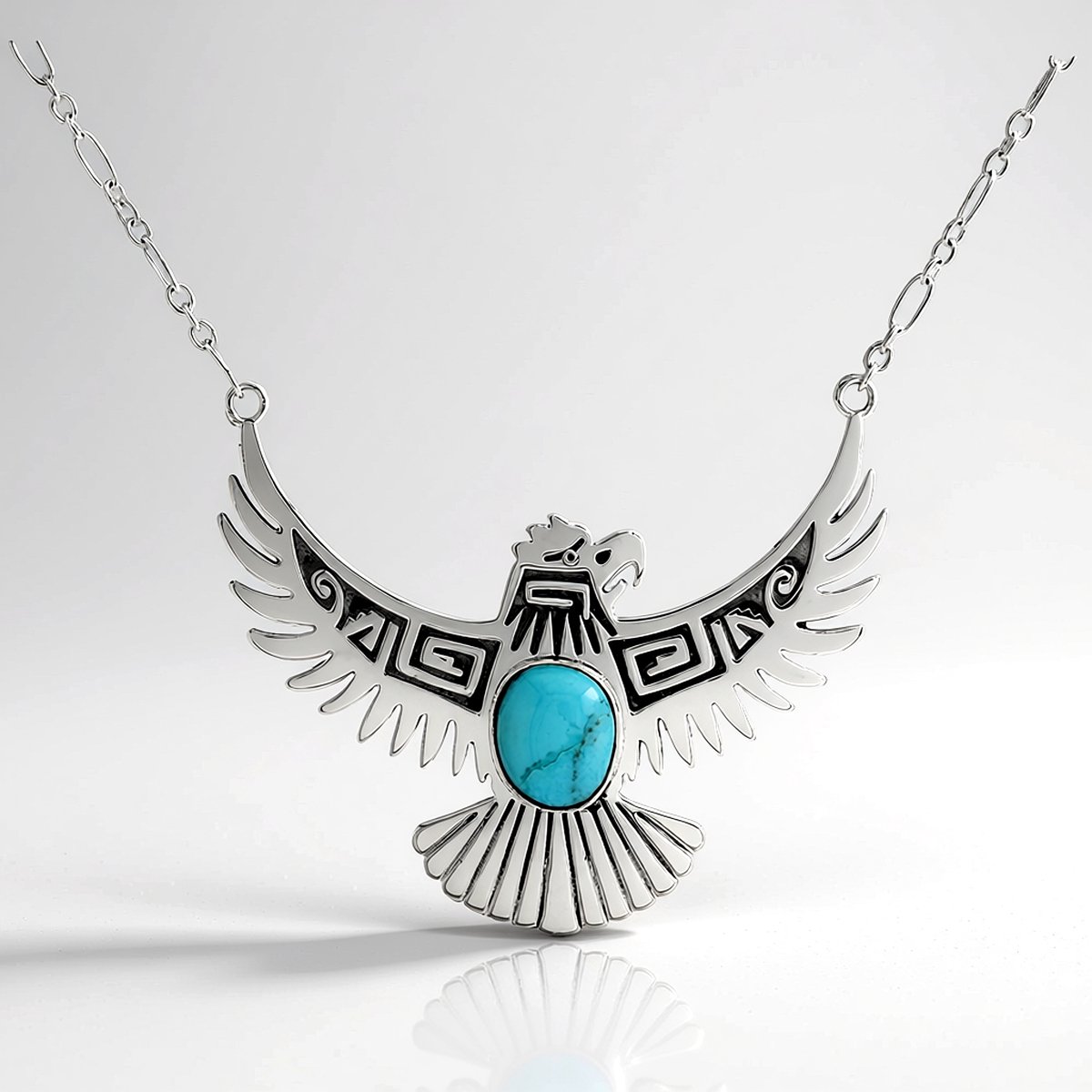 Cavill - Verstelbare 925 Sterling Zilveren Ketting met Blauwe Kingman Mohave Turkoois 2,585ct - Etnisch Adelaarsmotief - Handgemaakte Sieraden