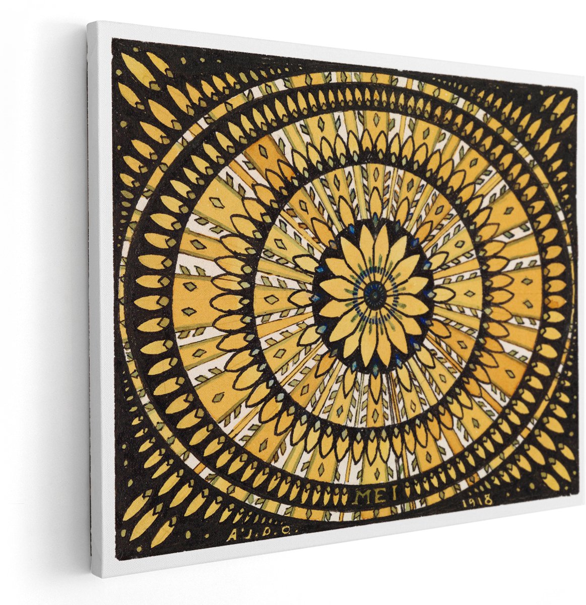 Artaza Canvas Schilderij Mandala Bloem - 150x120 cm - Groot - Wanddecoratie Art Nouveau - Muurdecoratie Abstract - Decoratie Geel Zwart