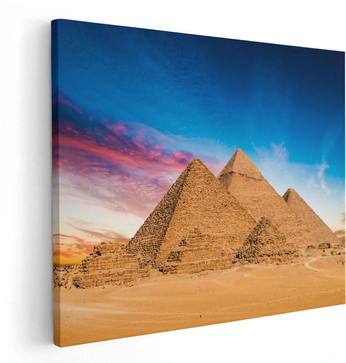 Artaza Canvas Schilderij Egyptische Piramides bij Zonsondergang - 150x120 cm - Groot - Wanddecoratie Woonkamer - Schilderijen - Muurdecoratie