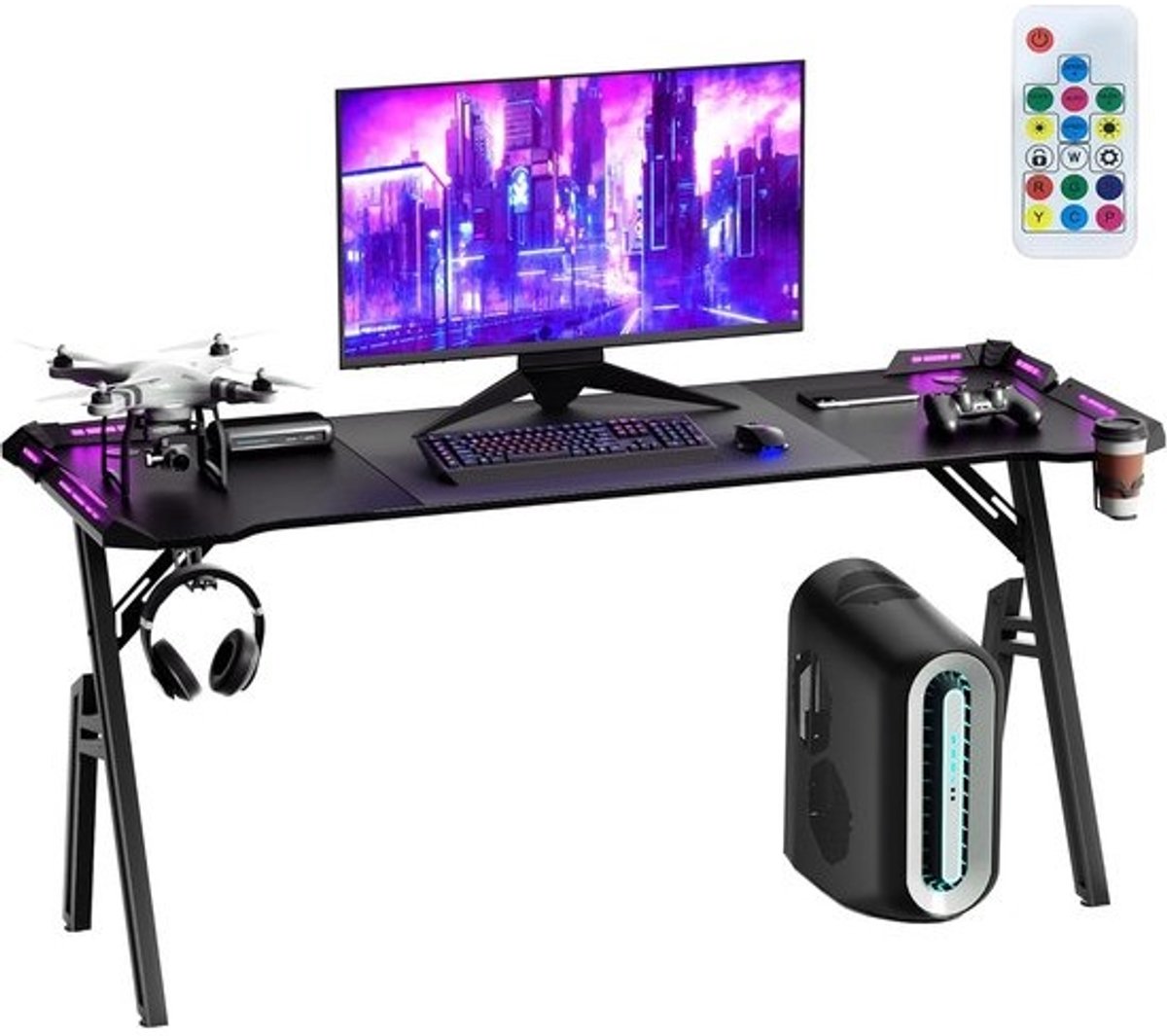 Gamingbureau 160x60 cm met LED-verlichting en Koolstofvezelcoating - Zwart