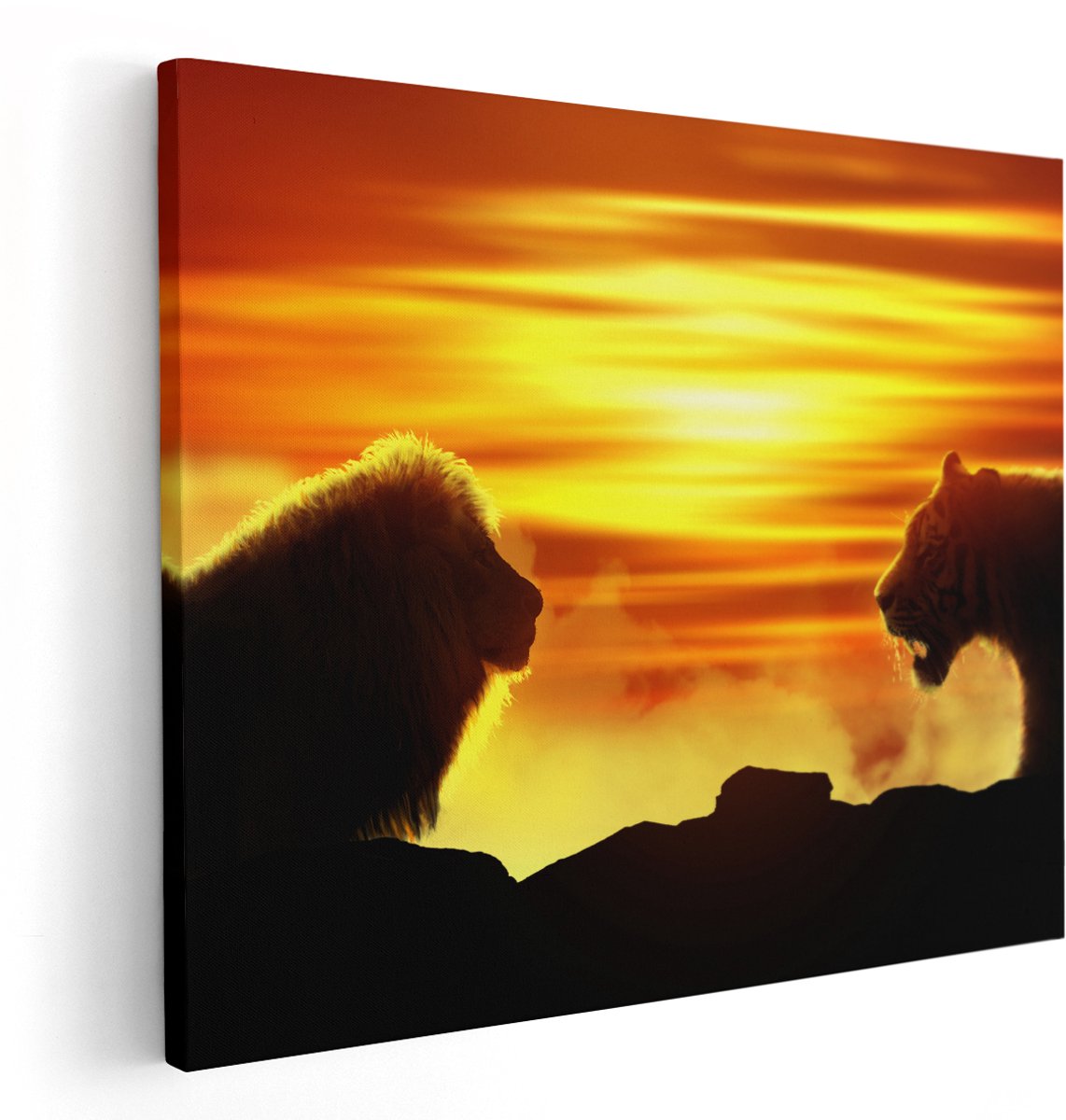 Artaza Canvas Schilderij Leeuw En Tijger - Silhouet - Zonsopkomst - 150x120 cm - Groot - Wanddecoratie Woonkamer - Schilderijen - Muurdecoratie