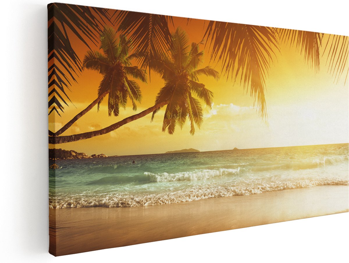Artaza Canvas Schilderij Tropisch Strand Tijdens Zonsondergang - 160x80 cm - Groot - Wanddecoratie Woonkamer - Schilderijen - Muurdecoratie