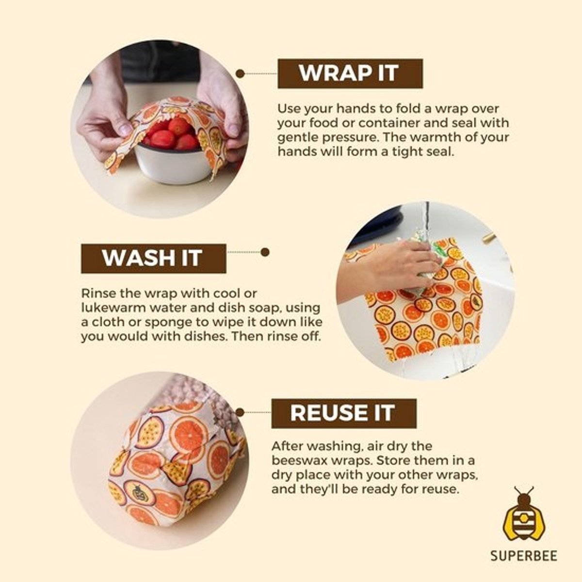 Bijenwas Doekjes Set van 3 - Herbruikbare Zelfklevende Voedselverpakking - Zero Waste — cadeau in Cadeau-ideeën - foto 3