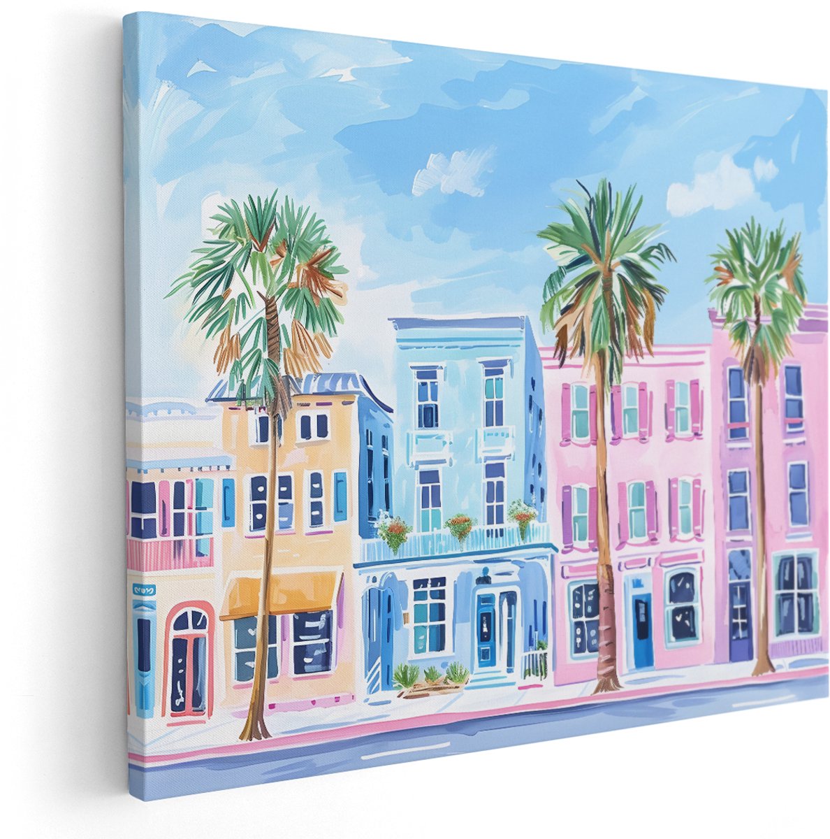 Artaza Canvas Schilderij Kleurrijk Landschap - 150x120 cm - Groot - Wanddecoratie Huizenrij - Muurdecoratie Palmbomen - Decoratie Straat Pastel