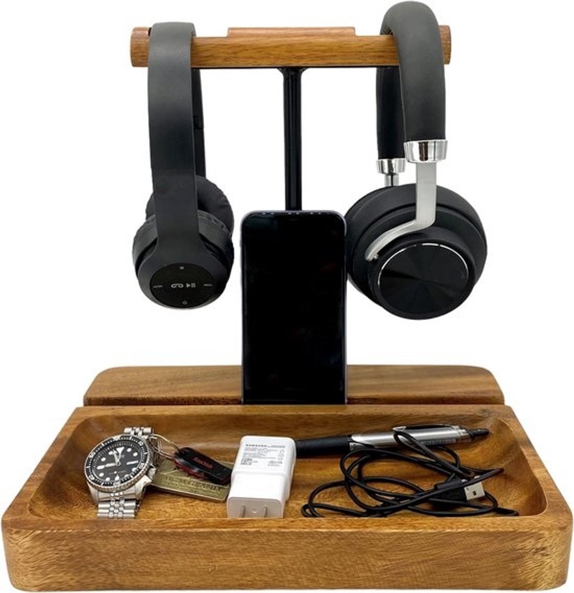Hoofdtelefoonstandaard Dubbel - Headset Hanger - Bureau Organisatie - Met Opvangbak - 30x20x29 cm - Houtkleur