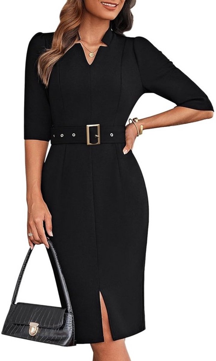 Elegante V-Hals Midi Jurk Dames - Bodycon Business Jurk met 3/4 Mouwen