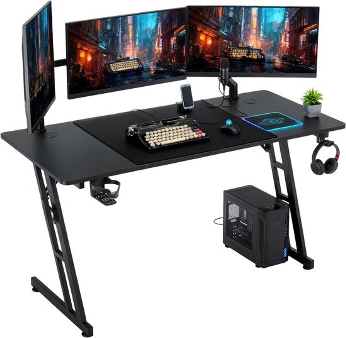 Grote Zwarte Gaming Tafel Bureau met Bekerhouder - 160x60 cm