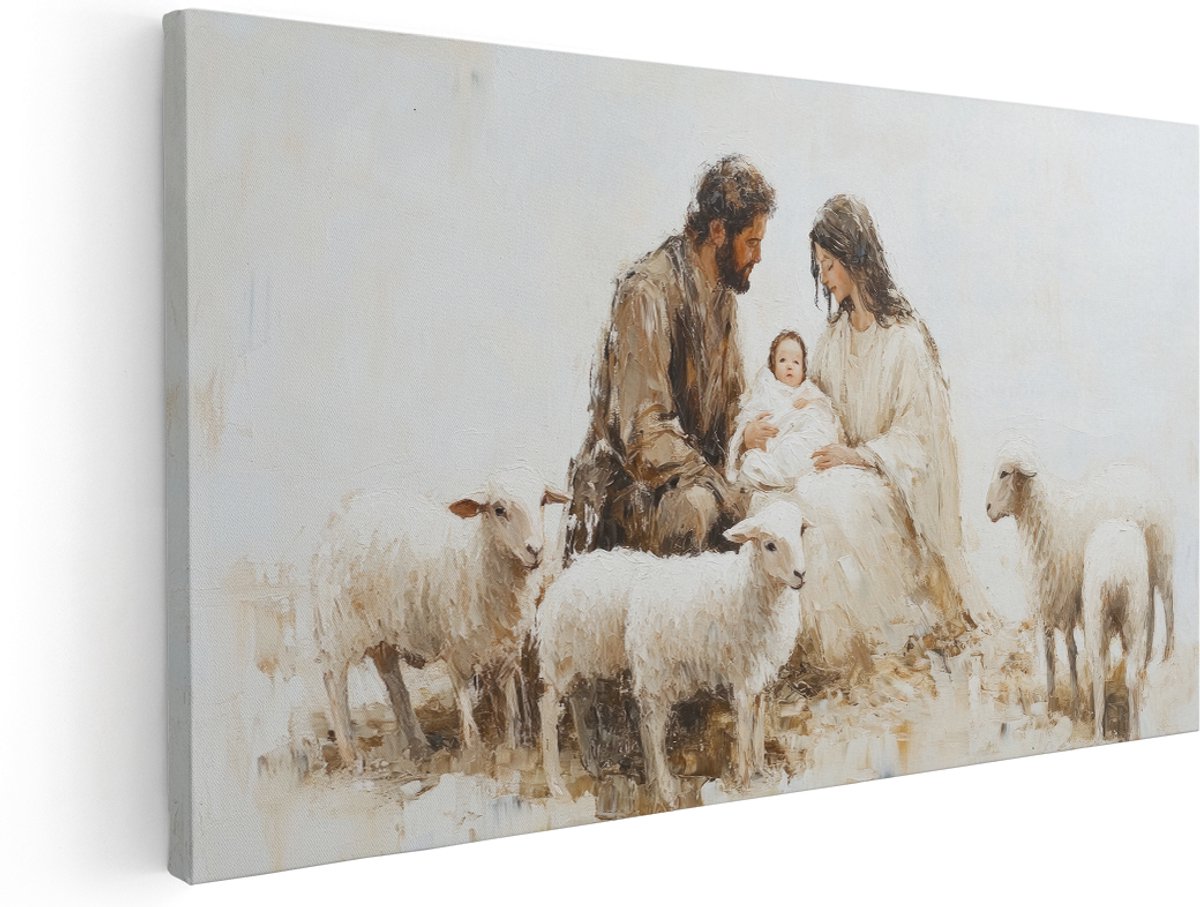 Artaza Canvas Schilderij Heilige Familie - 160x80 cm - Groot - Wanddecoratie Geboorte Christus - Muurdecoratie Schapen - Schilderijen Maria