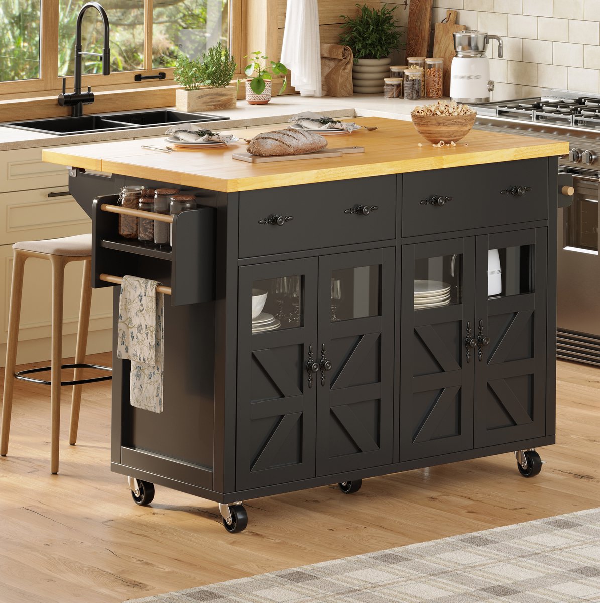 REDOM - Keukenkast - Keuken eiland met wielen en remmen - Uitschuifbare plank en lade - Modern - Keuken en woonkamer - MDF - Zwart - 140 x 73 x 93,5 cm