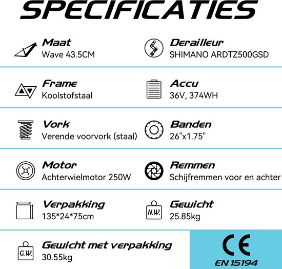 HILAND Elektrische Mountainbike - 26 inch - 250W Motor - 36V 10.4Ah Accu - E-MTB - 7 Versnellingen - Schijfremmen - Unisex van Hiland — afbeelding 4