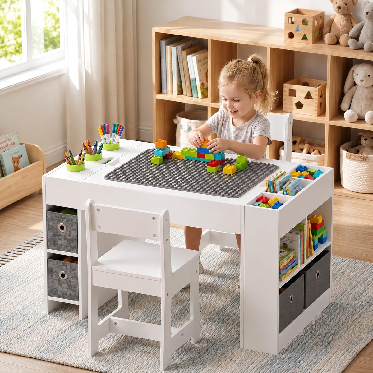 Kindertafel met 2 stoelen - Multifunctionele kindertafel met bouwplaat - Opbergruimte - voor vanaf 3 jaar - Wit