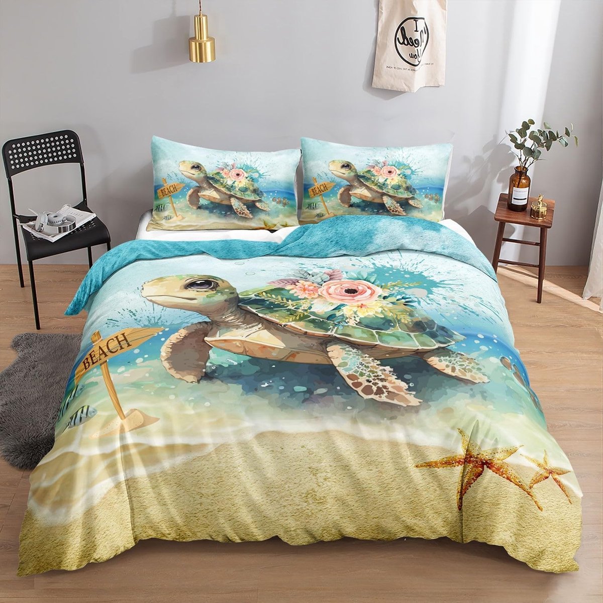 Schattig zeeschildpad beddengoed set voor volwassenen en kinderen met dekbedovertrek en 2 kussenslopen, ideaal voor dierenliefhebbers en kinderkamers