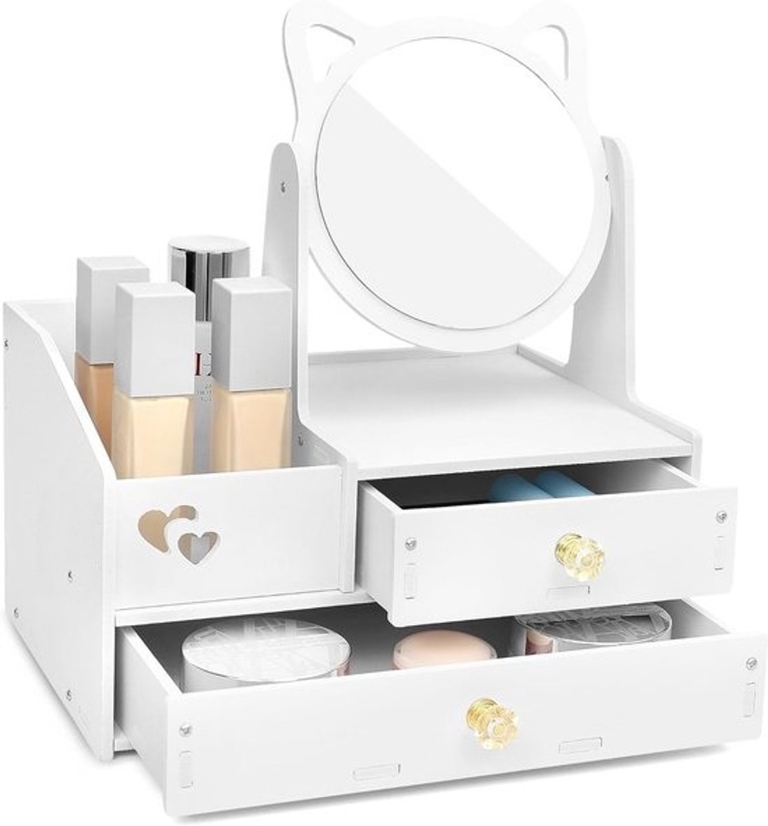 Cosmetica Organizer met 360° Draaibare Spiegel en Lade - Witte Make-up Tafel Opbergrek