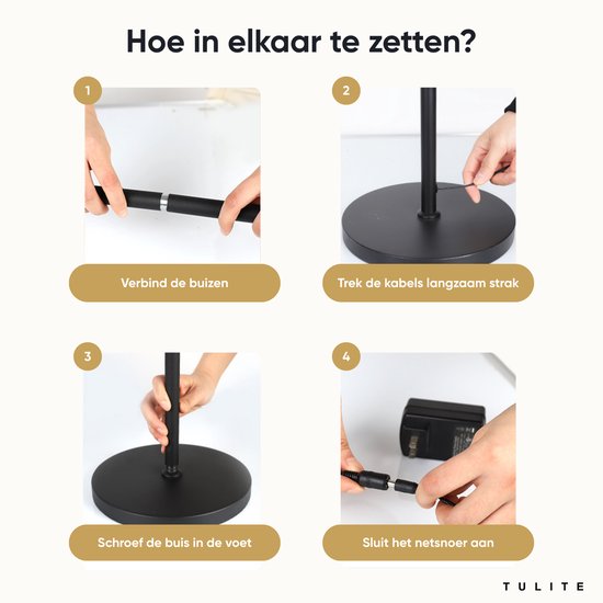 Stappen voor het monteren van de zwarte staande lamp: buizen verbinden, kabels trekken, schroef in voet, sluit netsnoer aan.
