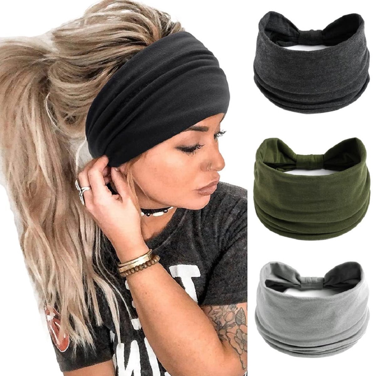 Gloovon - Haarband Dames - 3 Stuks Set - Vouwen Haarbanden - 24x14cm - Sport, Yoga & Fitness - Elastisch & Zweetabsorberend - Diverse Kleuren